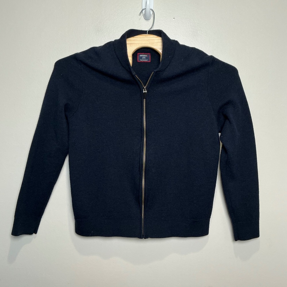 UNTUCKit Reynoso Navy Merino Wool Full Zip Cardigan Sweater Elbow Patch Mens L